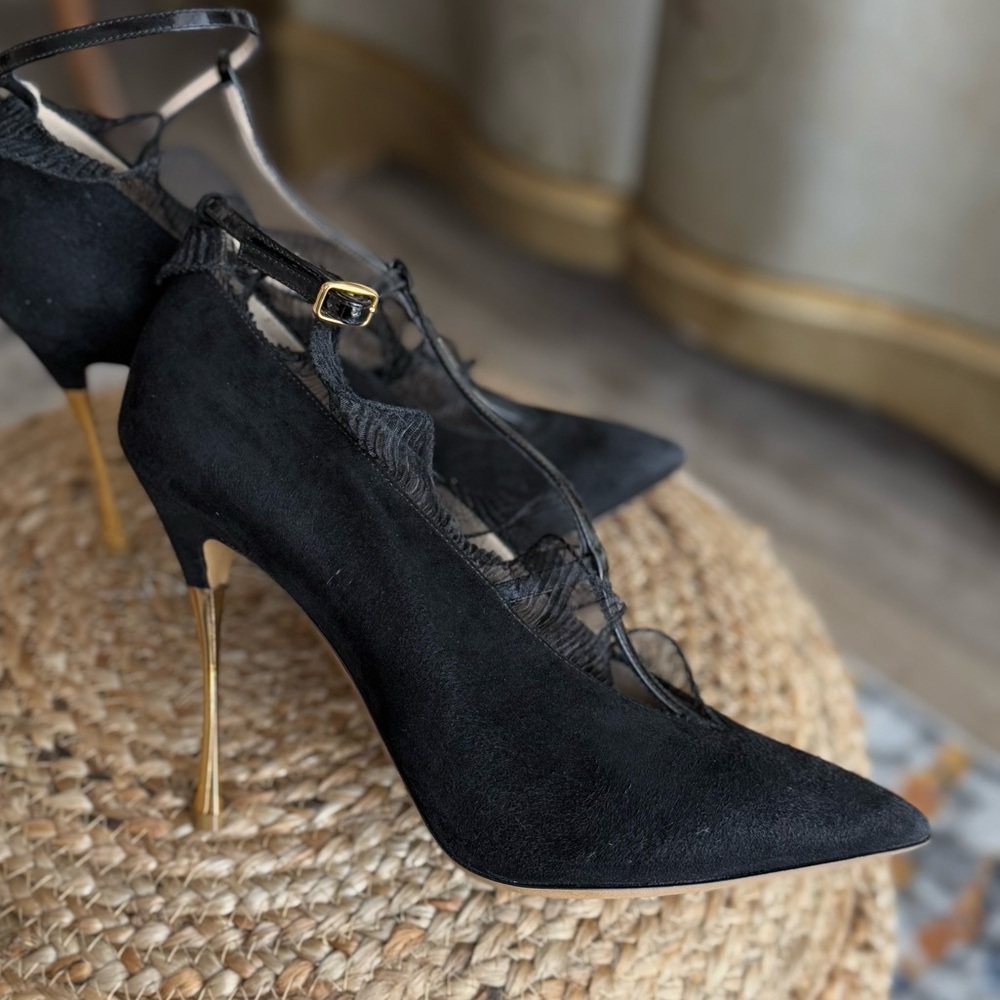 Black suede heels t-strap unique elegant classy pumps pointy toe shoes - Picture 3 of 13